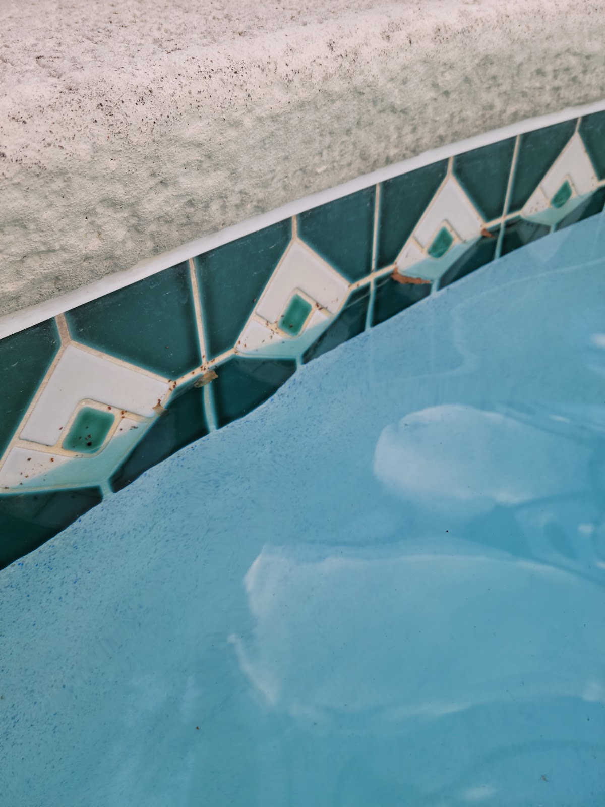 Close-up of a swimming pool wall with decorative waterline tile and a submerged pool cleaning device.