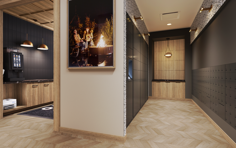 Renderings of indoor package lockers and mailroom.
