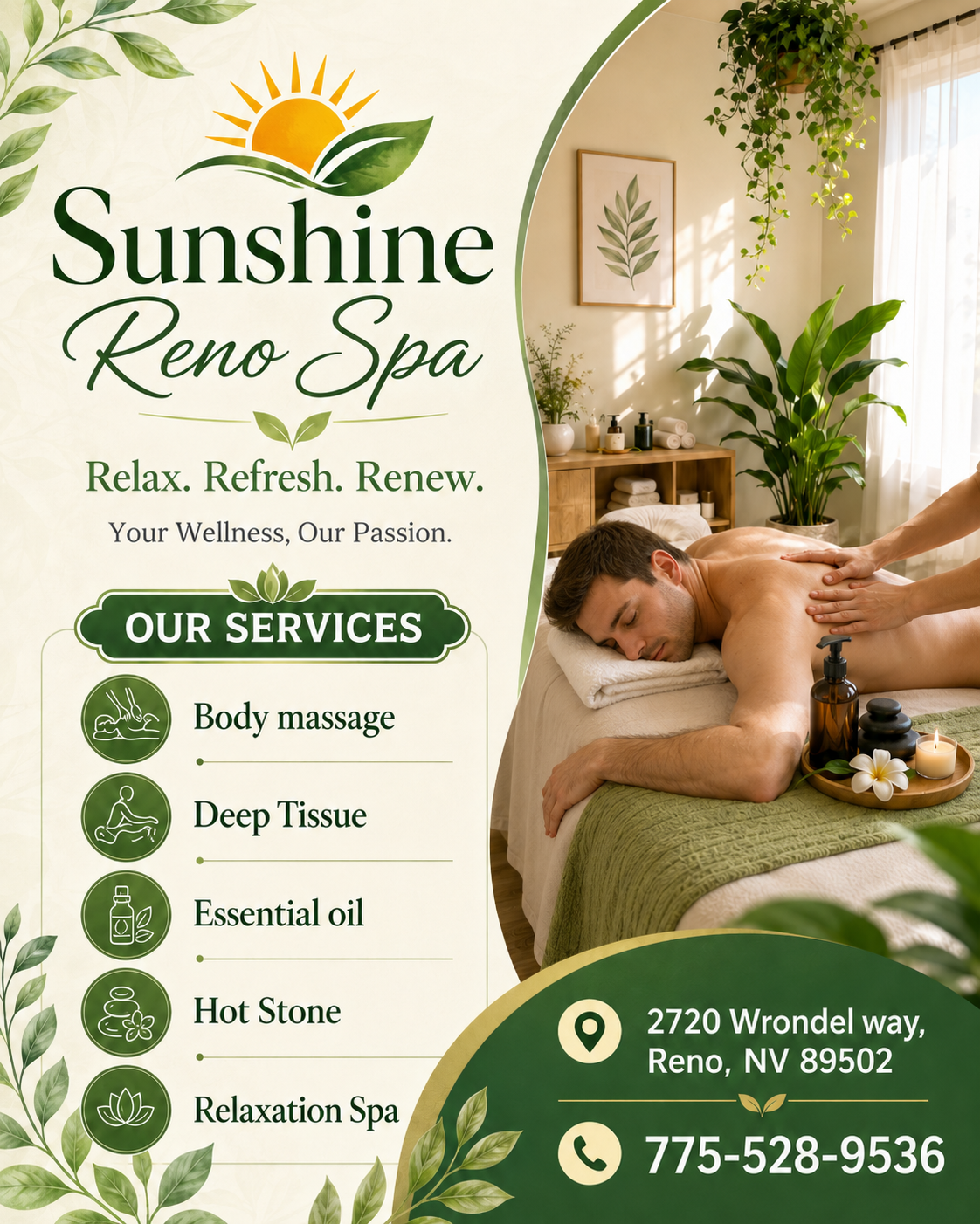 A sports massage specifically for active individuals used to improve performances,
aid in body maintenance, and to assist in the healing process from injury or exertion.
This session is designed to increase circulation of the blood and lymph fluids while
increasing range of motion.