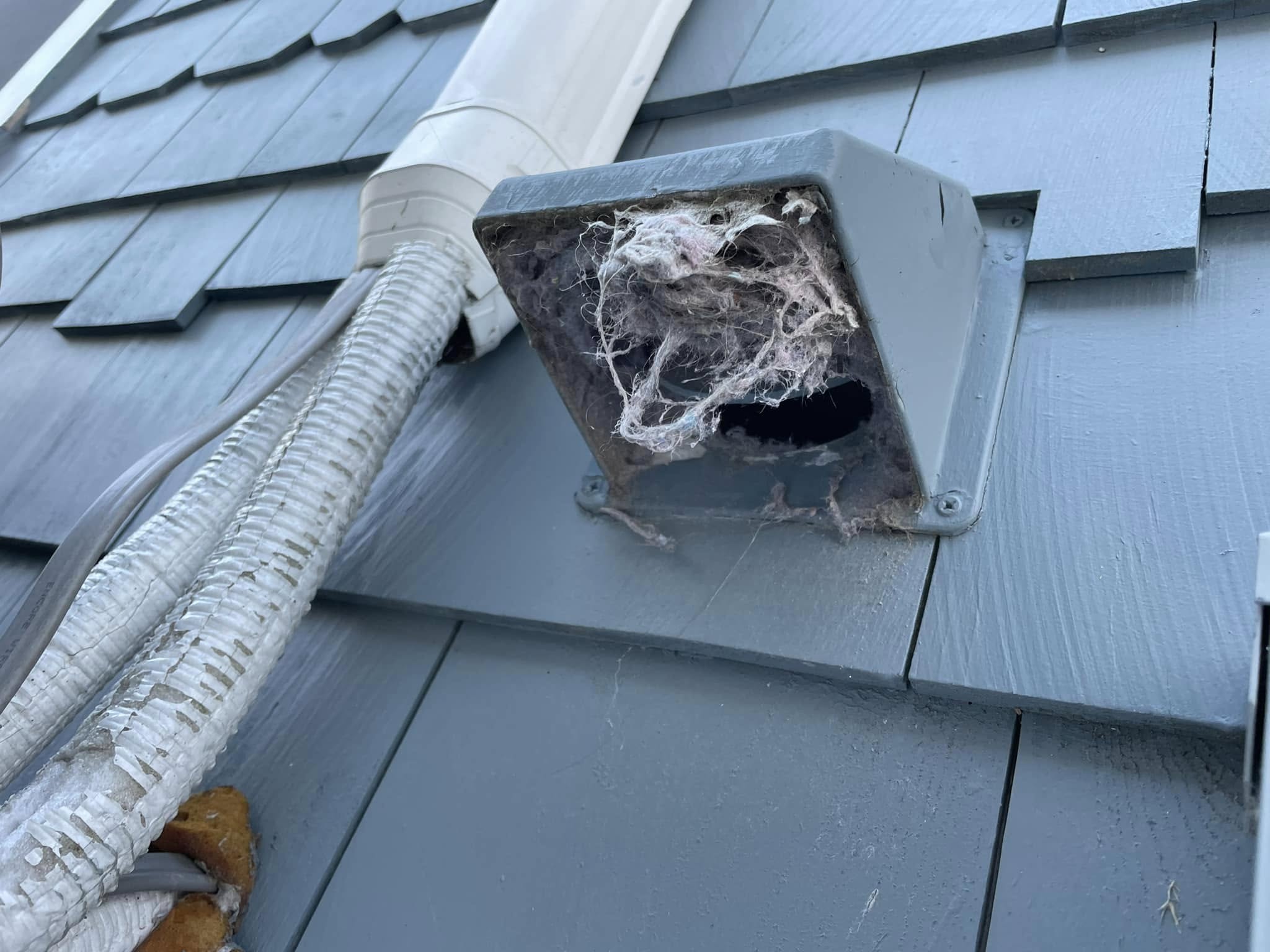 Clogged exterior dryer vent filled with lint and debris at a residential property in Maine. Upfront Home Inspection & Maintenance provides professional dryer vent cleaning services to help improve airflow and reduce potential fire hazards.