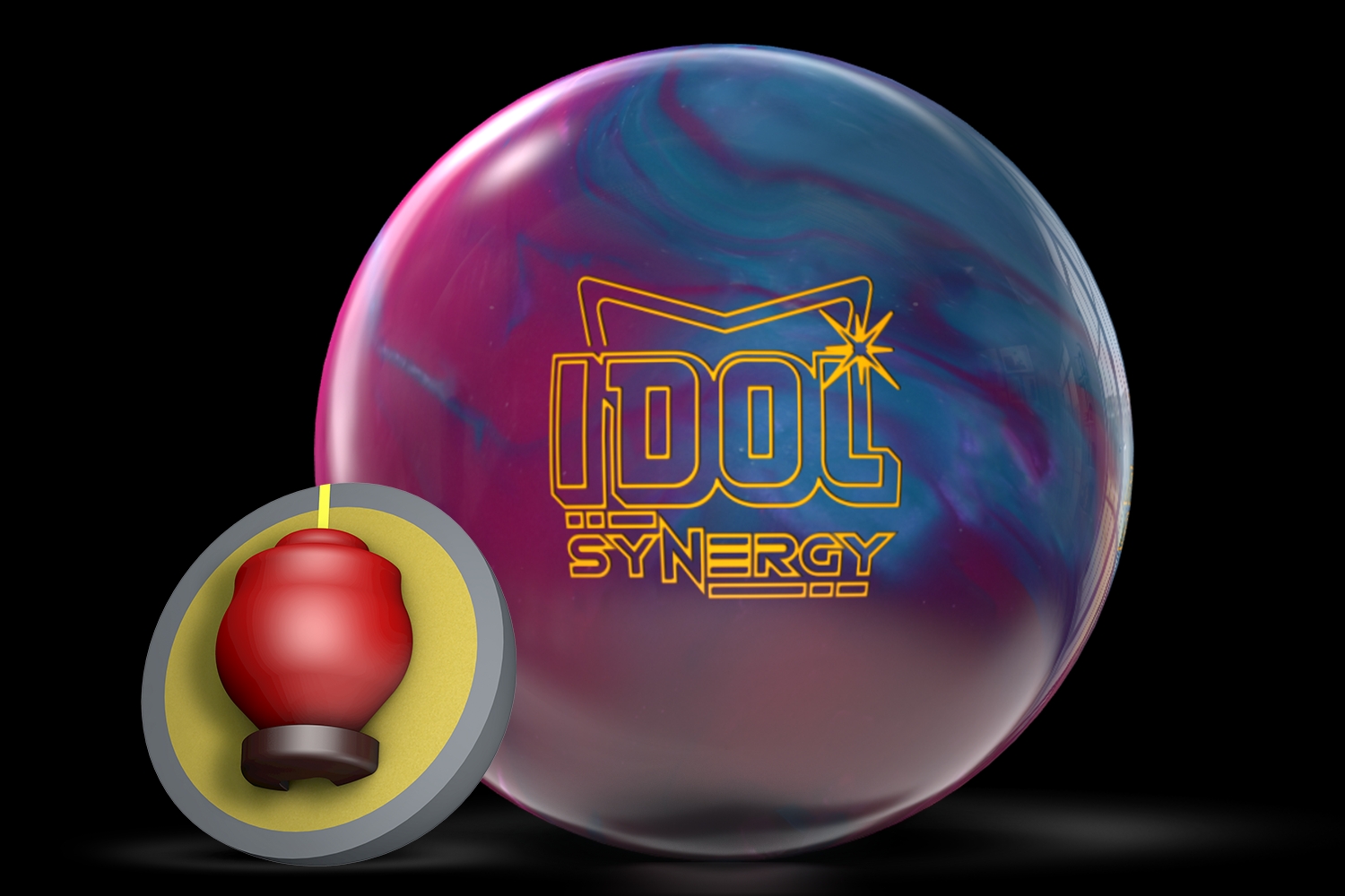 A close-up shot showcases a bowling ball with a swirling pattern of purple and blue, featuring the yellow "IDOL SYNERGY" logo. To the left, a cross-section of a bowling ball reveals its layered internal structure: a red core, a yellow middle layer, and a grey outer shell, all set against a black background.