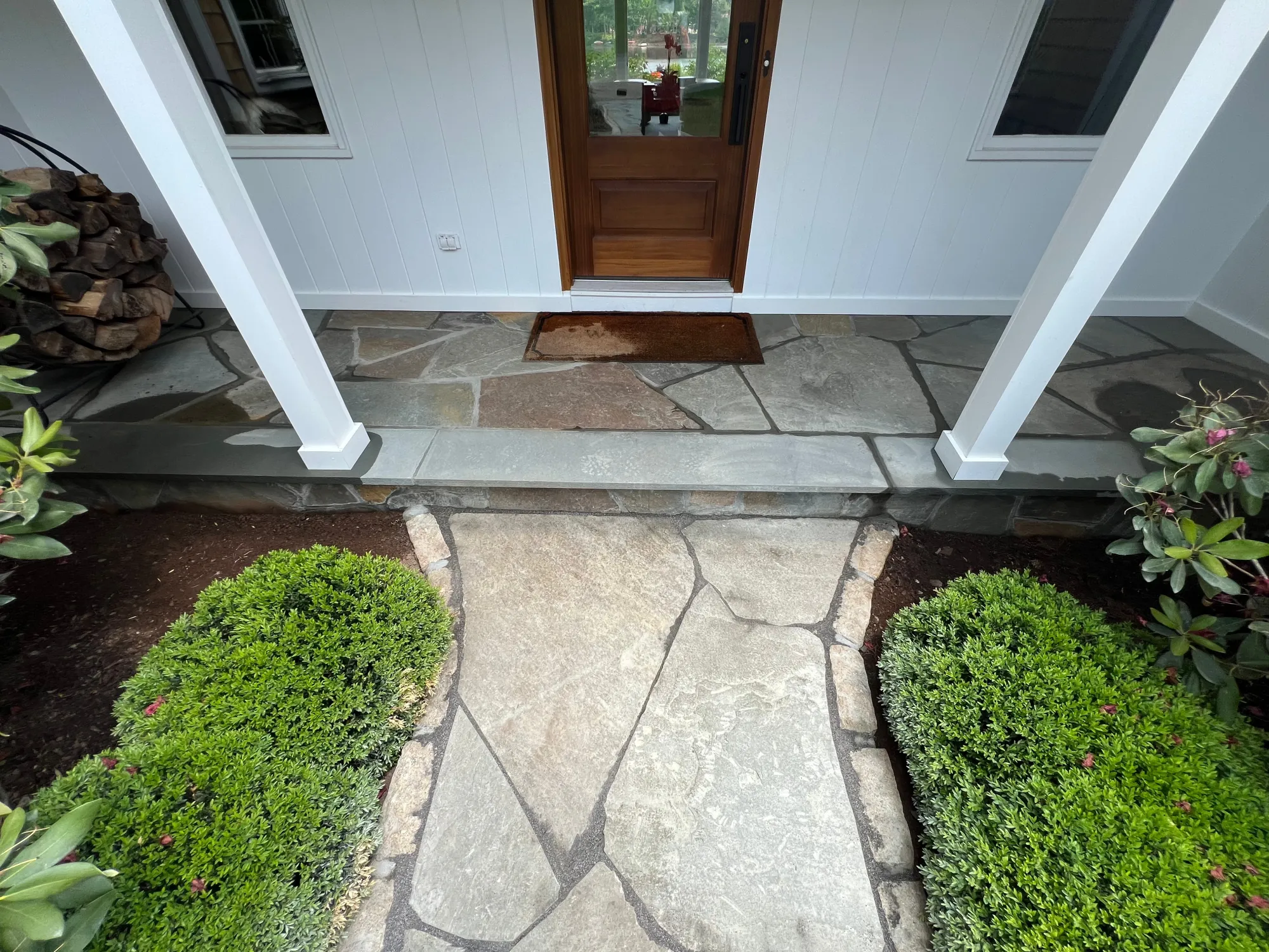 Natural bluestone walkway and landscaping in West Hartford CT - Bluestone Walkway, West Hartford project by General Masonry LLC.