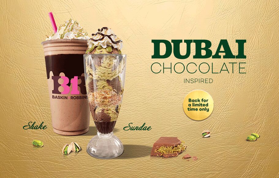 For those who couldn't get enough & those who didn't get a chance to try it, our Flavor of the Month, Pistachio Chocolate Bar is back. Enjoy this sweet 'n nutty flavor in our Dubai Chocolate Inspired Shake & Sundae.