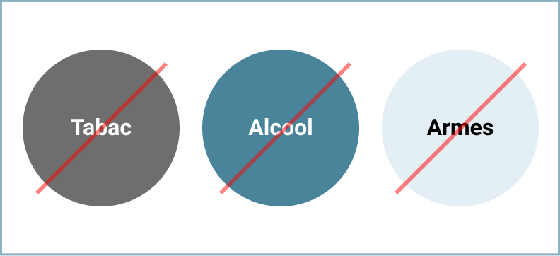 Trois cercles barrés avec les inscriptions tabac, alcool et armes.
