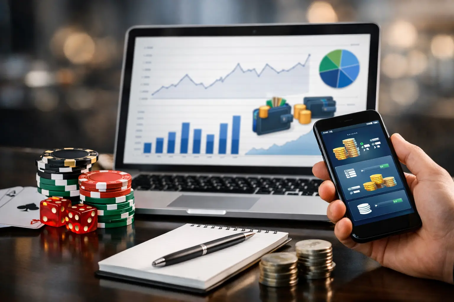 A close-up shot shows a person holding a smartphone displaying a digital interface with stacks of coins and progress bars. In the background, a laptop screen displays financial charts and graphs, including a line graph, bar chart, and pie chart. Scattered on the table are casino chips in various colors (red, green, black), two red dice, playing cards, a notepad with a pen, and stacks of coins.