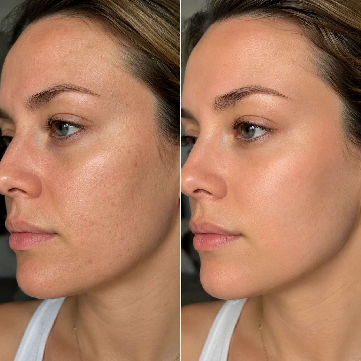 A side-by-side close-up of a woman’s face showing visible differences in skin texture and tone. The  