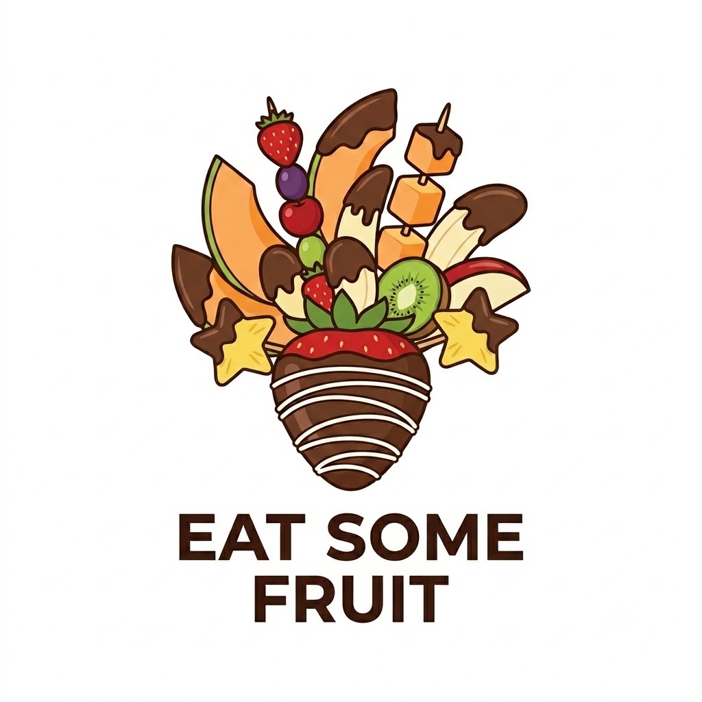 A graphic illustration of a chocolate-covered strawberry and a fruit bouquet with the text 