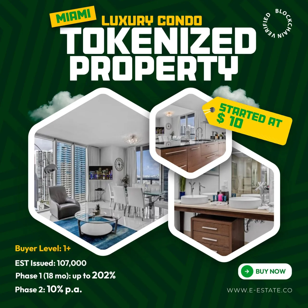 A digital advertisement for a luxury condo in Miami that is tokenized property, with text overlays d 