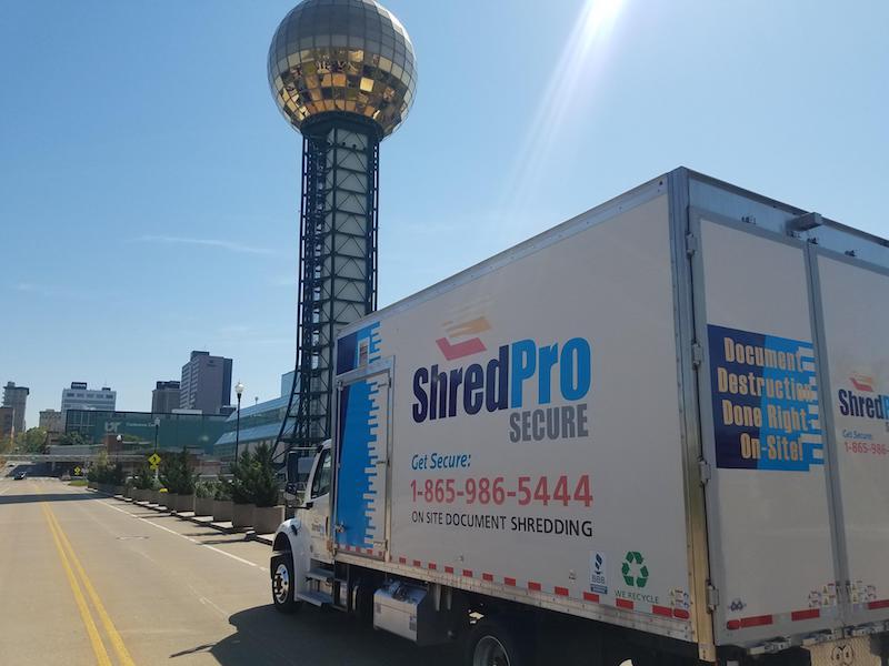 ShredPro Secure mobile shredding truck in front of the Sunsphere