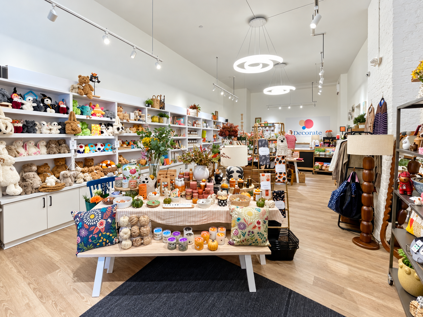 Step inside Decorate’s bright boutique, featuring colorful home décor, seasonal displays, plush toys 