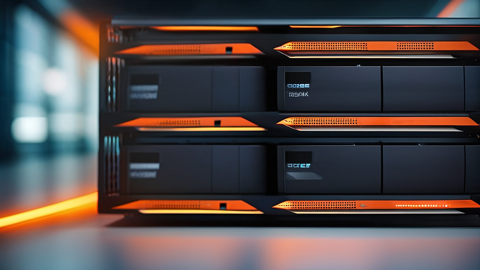 A close-up shot of a sleek, modern server rack with multiple hard drives or storage units. The units are predominantly black with striking orange accents, particularly on the front panels and ventilation grills. The rack appears to be situated in a data center or office environment, with a blurred background suggesting a hallway or open space with cool-toned lighting. A bright orange light strip runs along the bottom of the frame, adding to the futuristic aesthetic.