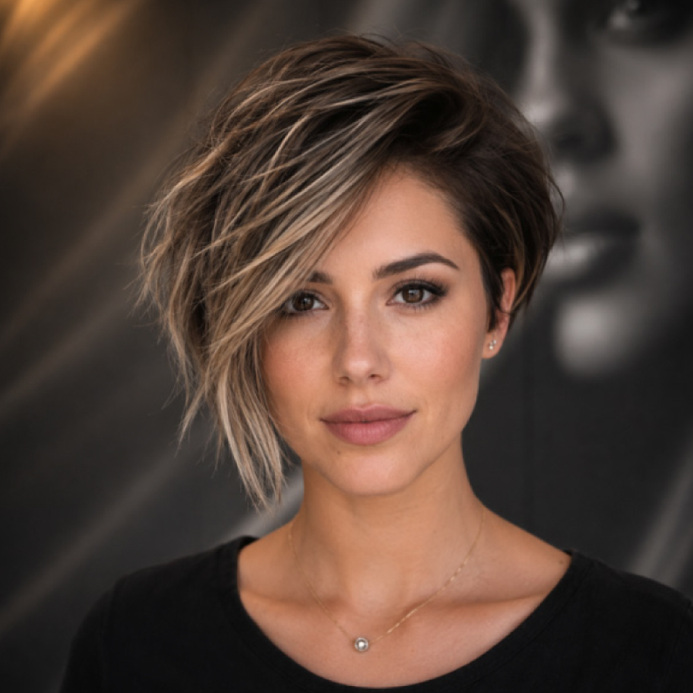Modern asymmetrical haircut paired with a seamless balayage by the expert stylists at Avissa Salon i 