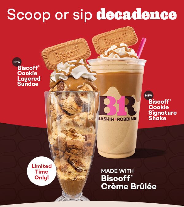 Introducing our NEW Biscoff® Cookie Layered Sundae & Signature Shake made with Biscoff® Crème Brûlée French Custard Ice Cream! Grab these irresistible treats while they’re here.