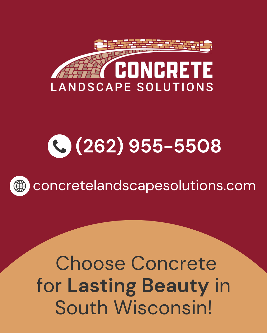 Concrete Landscape Solutions branded contact image promoting concrete services for lasting beauty in South Wisconsin.
