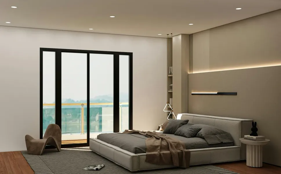 Modern minimalist bedroom featuring low platform bed, neutral tones, soft ambient lighting, large glass sliding doors opening to balcony, wooden flooring, and contemporary decor creating a calm, luxurious living space.
