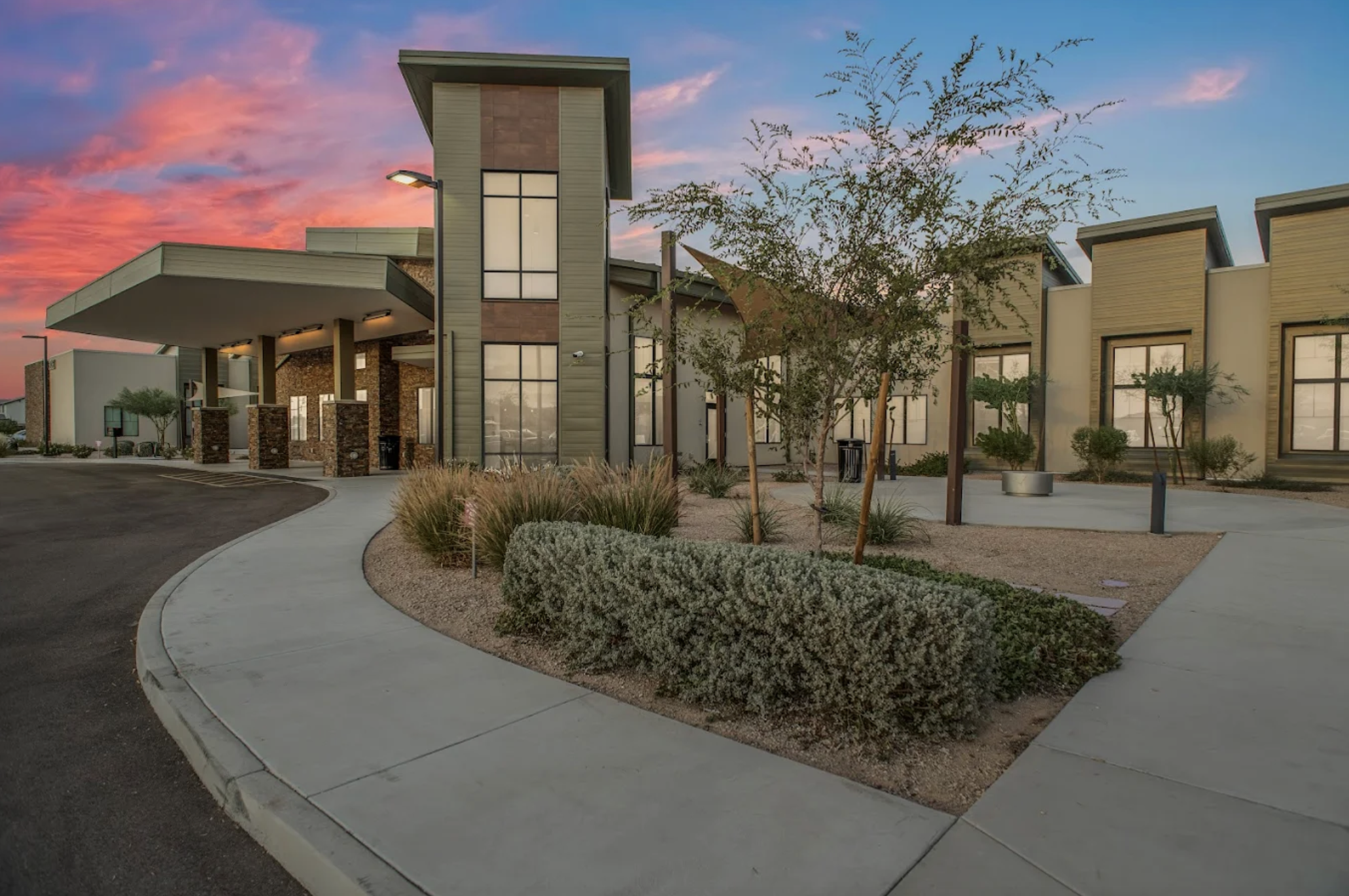 Exterior view of Buena Vista Health & Recovery Center of Chandler featuring modern behavioral healthcare architecture, landscaped walkways, and a welcoming recovery-focused treatment environment in Chandler, Arizona.