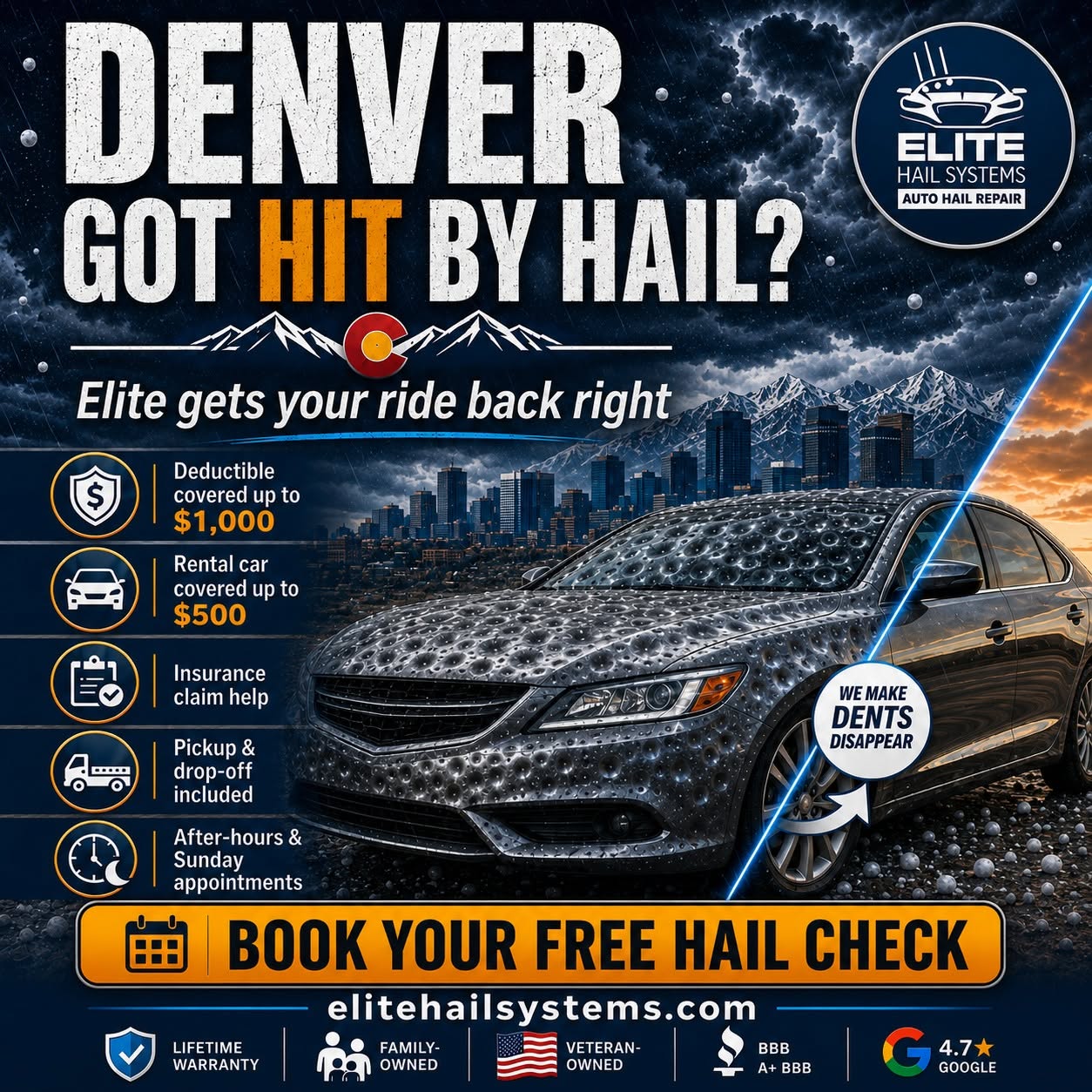 Don&rsquo;t stress over dents &mdash; Elite Hail Systems gets your ride back right!

✅ Deductible covered up to $1,000
✅ Rental car covered up to $500
✅ Insurance claim help
✅ Pickup & drop-off included
✅ After-hours & Sunday appointments
✅ Lifetime warranty

Family-owned. Veteran-owned. A+ BBB rated.

Book your free hail check today: elitehailsystems.com ????✨