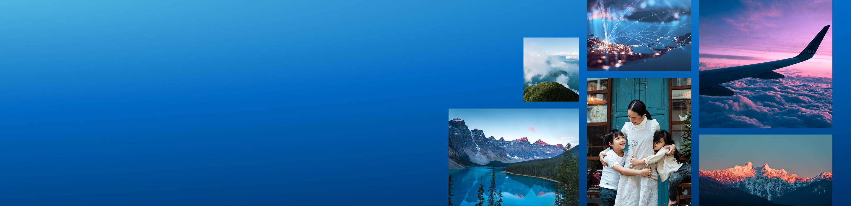 Collage of photos including a mother hugging her two young children, a snow-capped mountain at sunrise, an airplane wing against a background of clouds, and a picturesque alpine lake.