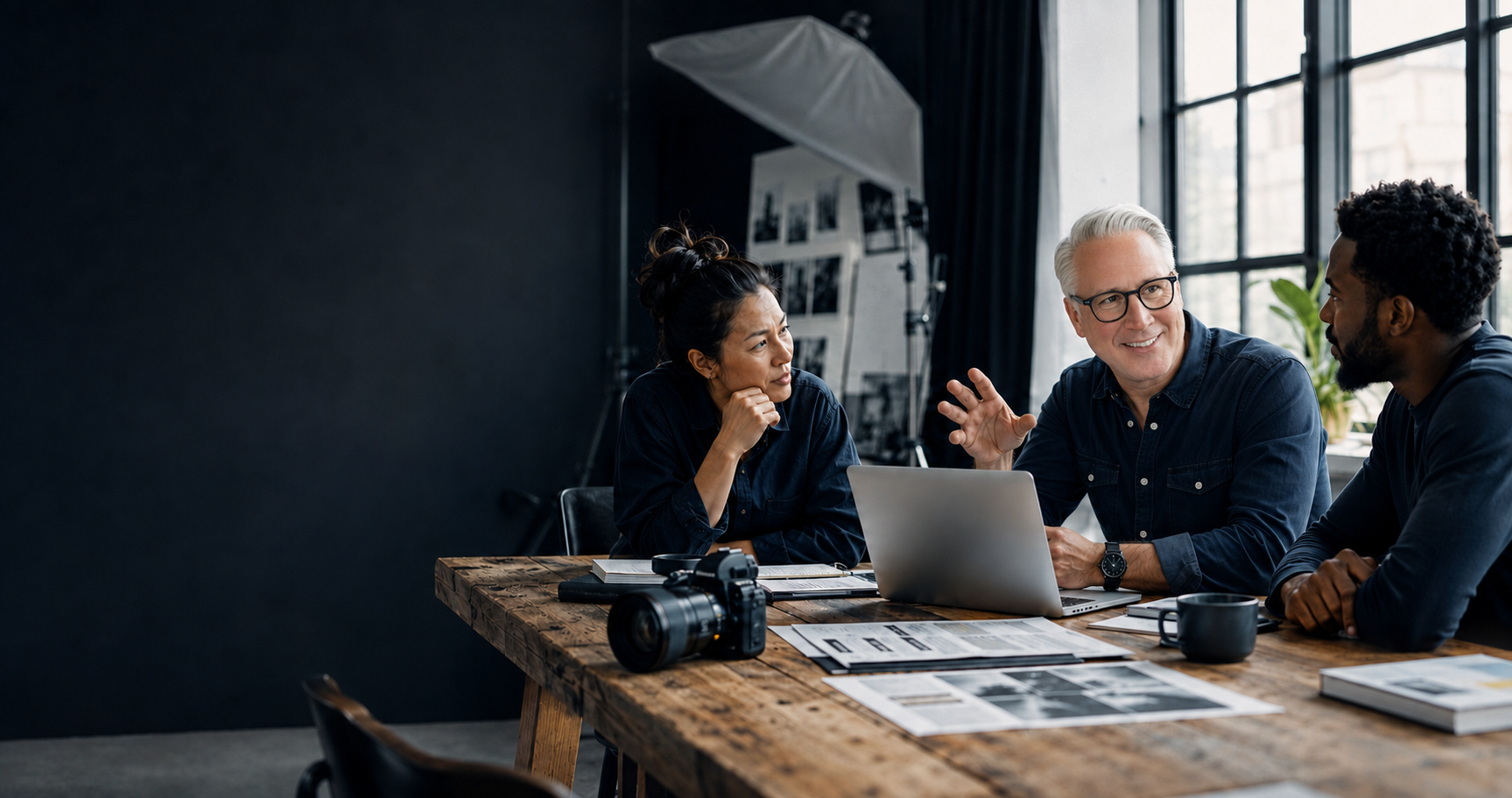 A diverse group of three professionals are gathered around a rustic wooden table in a modern studio space. The woman on the left, with her hair in a bun, is looking thoughtfully at the man in the center, who is animatedly gesturing while speaking to the man on the right. A laptop is open on the table, along with a camera, papers, and a mug. In the background, a studio lighting setup and framed prints are visible, suggesting a creative or photography-related business. The overall atmosphere is one of collaboration and focused discussion.