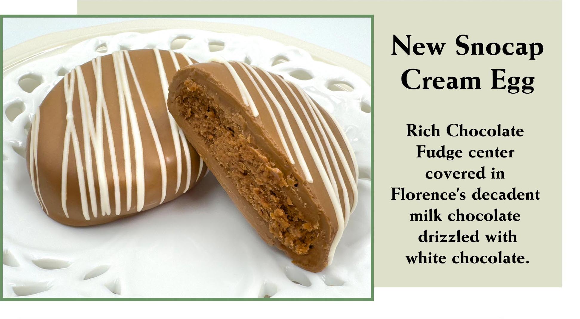 Introducing the New Snocap Cream Egg from Florence's Exquisite Chocolates in Rexburg, ID! A delightful addition to the beloved 1.7 ounce Easter Cream Egg tradition, this version features a rich chocolate fudge center enrobed in decadent milk chocolate and finished with an elegant white chocolate drizzle. Perfect for Easter baskets and fans of chocolate fudge.