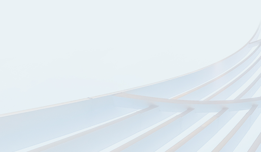 Abstract architectural detail of curved white beams and structural elements against sky.