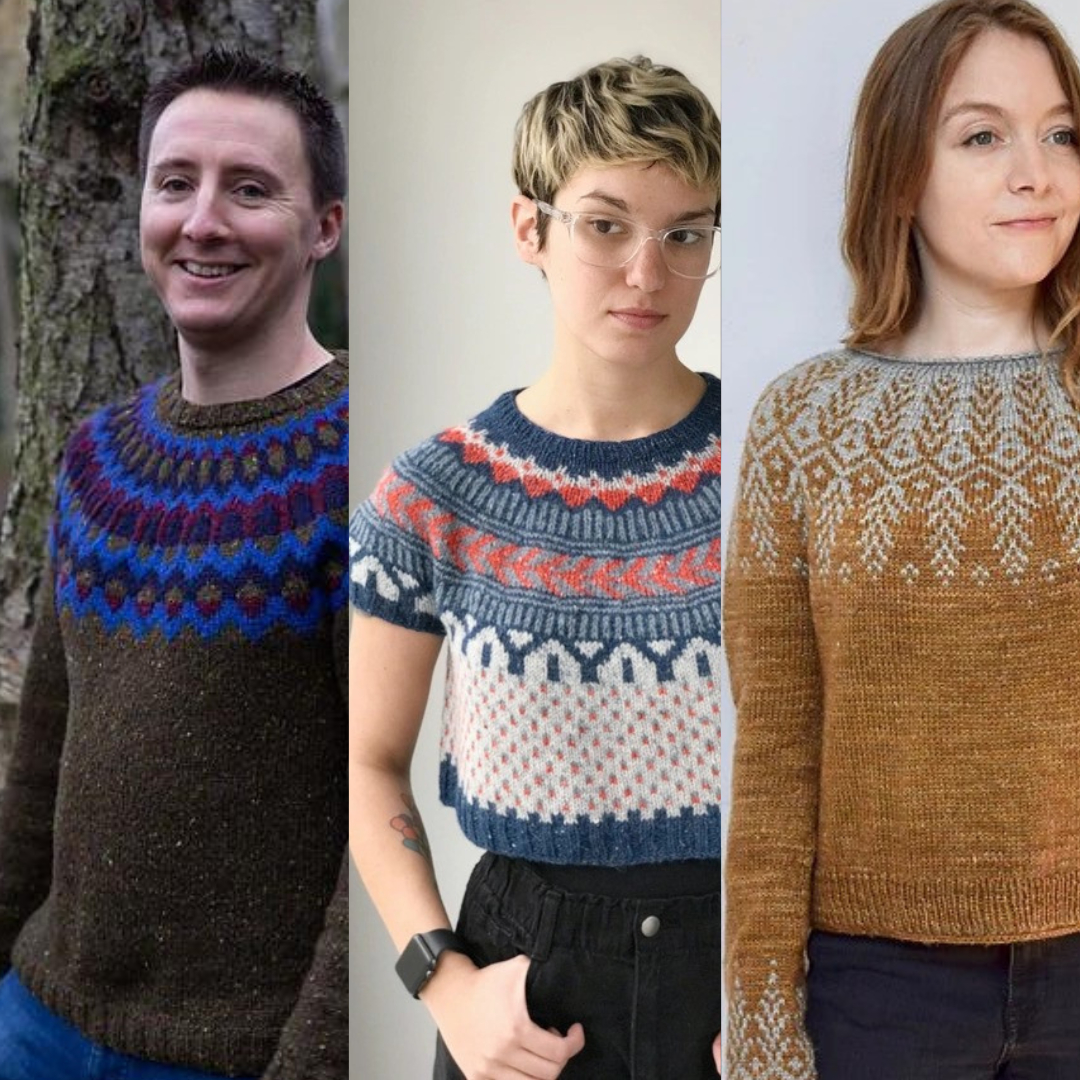 Level up your sweater knitting skills with colorwork and join us for our next Fair Isle Sweater class starting October 5th!

In this four-session class, you'll be introduced to the world of colorwork yoked sweater knitting! First, you’ll choose your pattern: Rockfall, Soldotna, or Goldwing (shown L to R in the photo). Then, you’ll learn to knit a sweater from the top down, picking up tips and tricks to create a tidy, colorwork yoke.