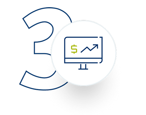 Computer displaying line graph icon overlayed on top of the number 3.