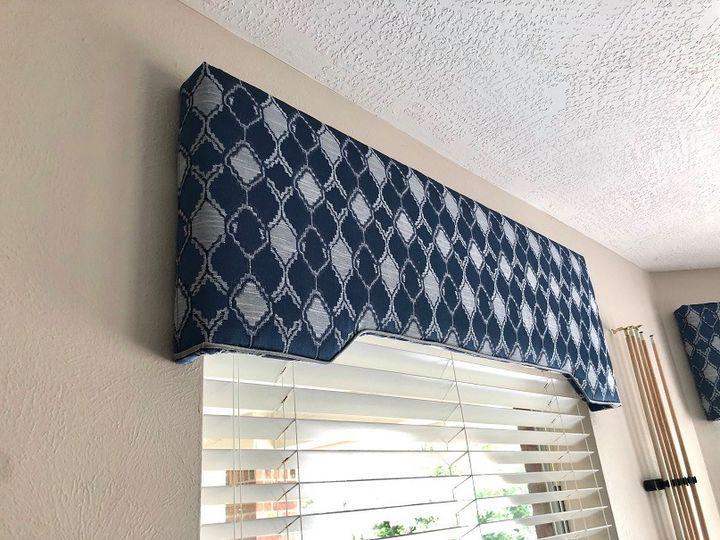 Custom Blue Patterned Cornice over Wood Blinds were installed in this Richmond, TX game room to add some fun in the room and match the existing décor perfectly! Budget Blinds of Katy & Sugar Land knocked it out of the park with this room and did an amazing job. #BudgetBlindsKatySugarLand #CustomPatt