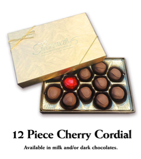 A luxurious box of Florence's Exquisite Chocolates from Rexburg, ID, featuring 12 handcrafted cherry cordial chocolates. The elegant gold packaging, tied with a delicate ribbon, enhances the premium presentation. Inside, smooth milk and dark chocolates encase luscious cherry fillings, offering a perfect balance of sweetness and richness. This beautifully curated box is ideal for gifting or personal indulgence, showcasing Florence’s dedication to high-quality confectionery.