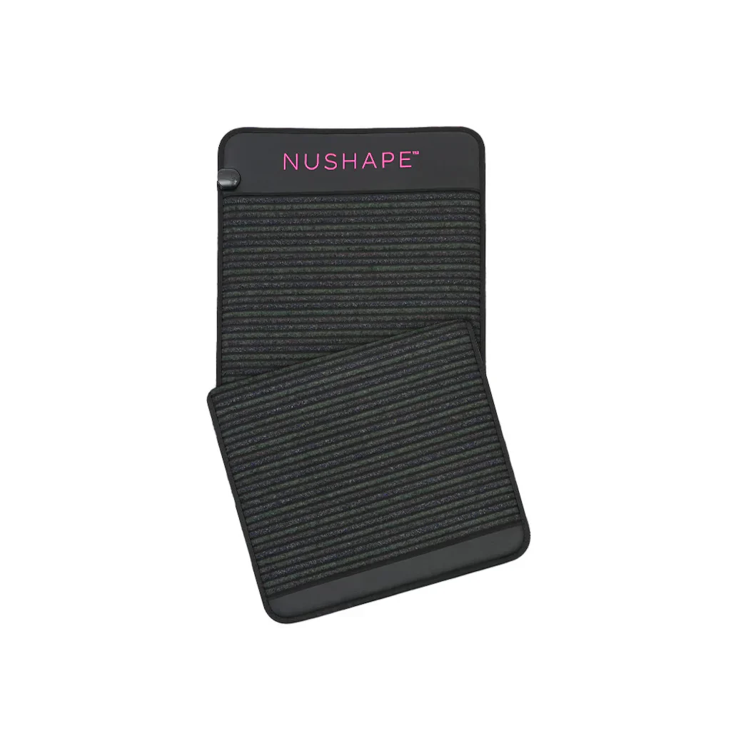 A black rectangular infrared PEMF mat with textured green lines is shown with a smaller square mat overlapping the bottom right corner. The brand name "NUSHAPE" is visible in pink text on the top portion of the larger mat.