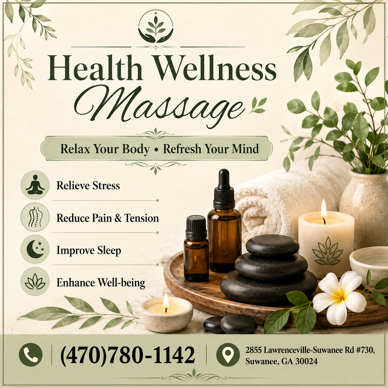Our traditional full body massage in Suwanee, GA
includes a combination of different massage therapies like 
Swedish Massage, Deep Tissue,  Sports Massage,  Hot Oil Massage
at reasonable prices.