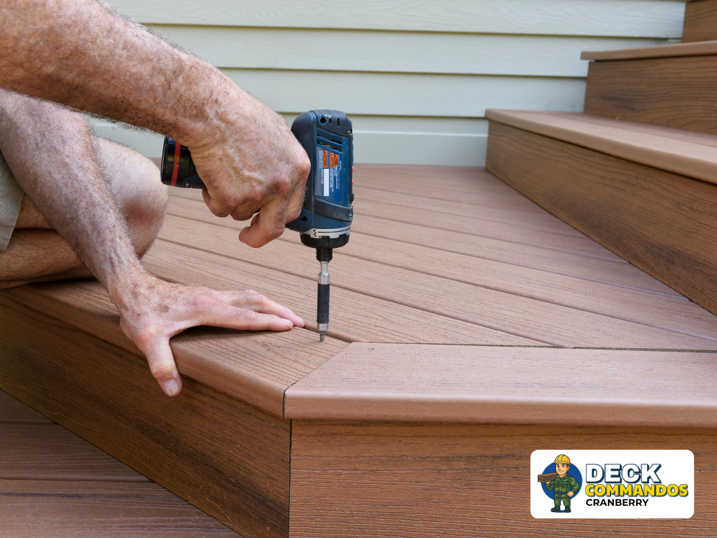 Close-up of composite deck installation using professional power tools and hidden fasteners.