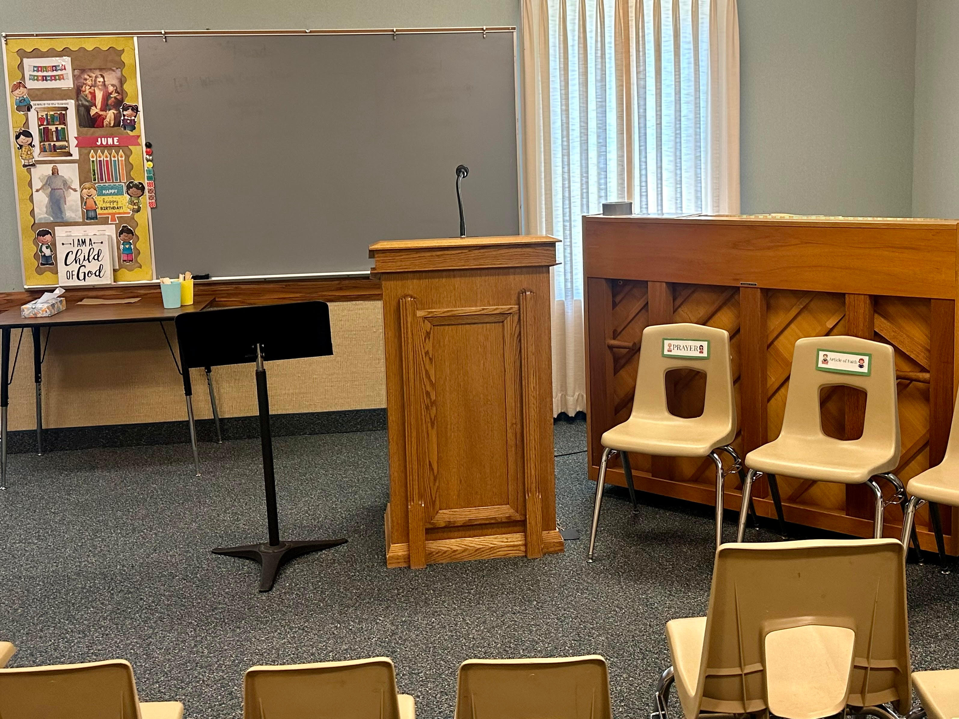 A classroom inside the Broken Bow building of The Church of Jesus Christ of Latter-Day-Saints.
