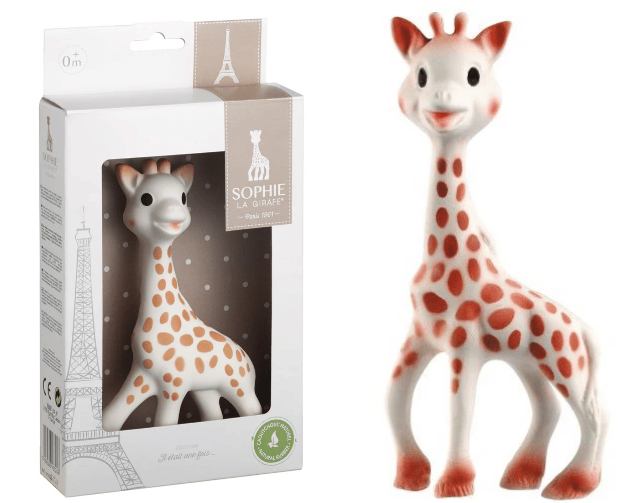 Sophie Giraffe The dark and contrasting spots (made with food-grade paint) all over Sophie la girafe's 100% natural rubber body provide visual stimulation and make her easily recognizable to baby. Perfect for baby's small hands, Sophie is very light and her long legs and neck are easy for baby to grip. She is very soft to touch, stimulating soothing physiological and emotional responses.