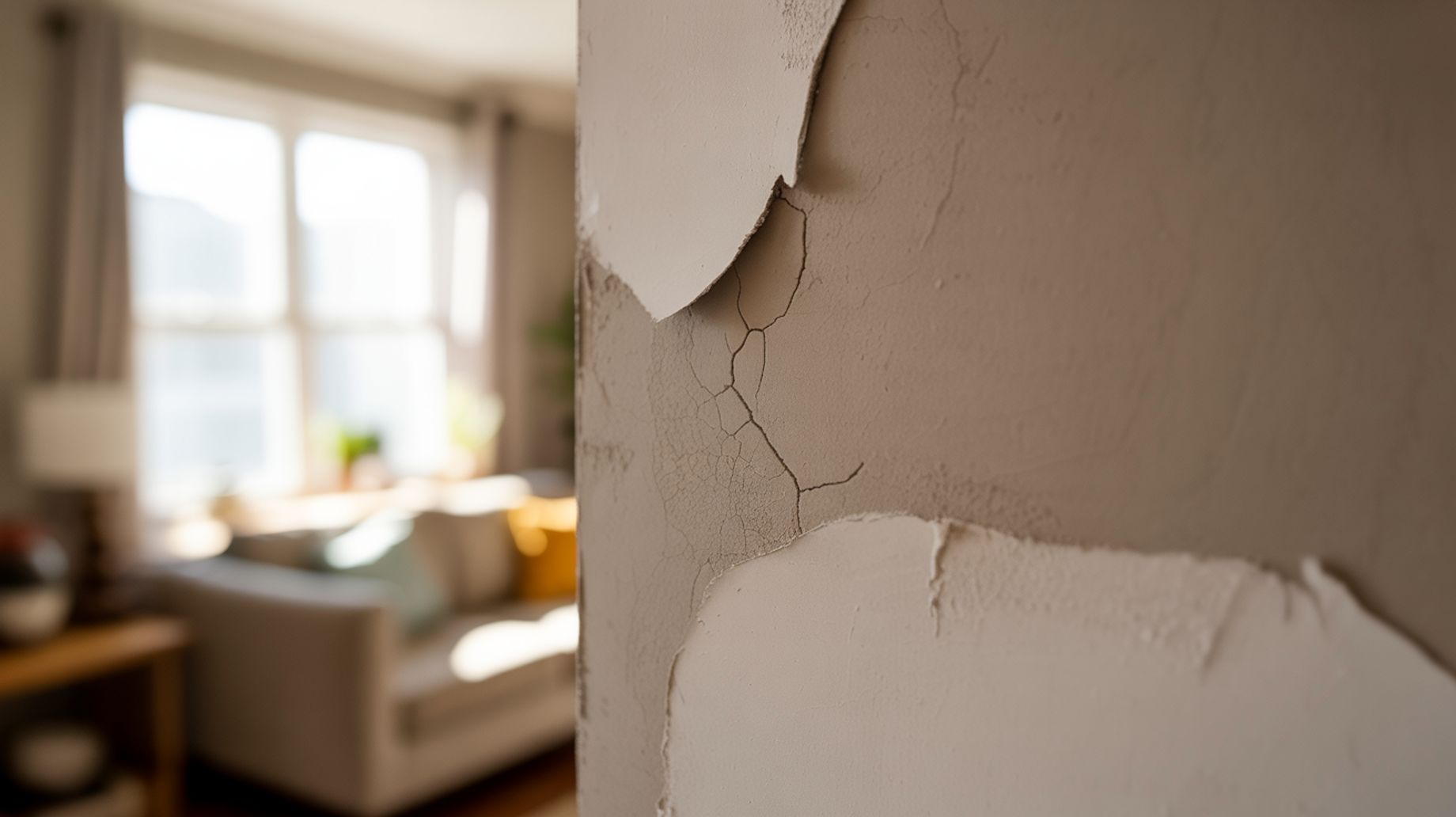 A close-up shot of peeling paint and cracked plaster on a wall, with a blurred living room in the ba 