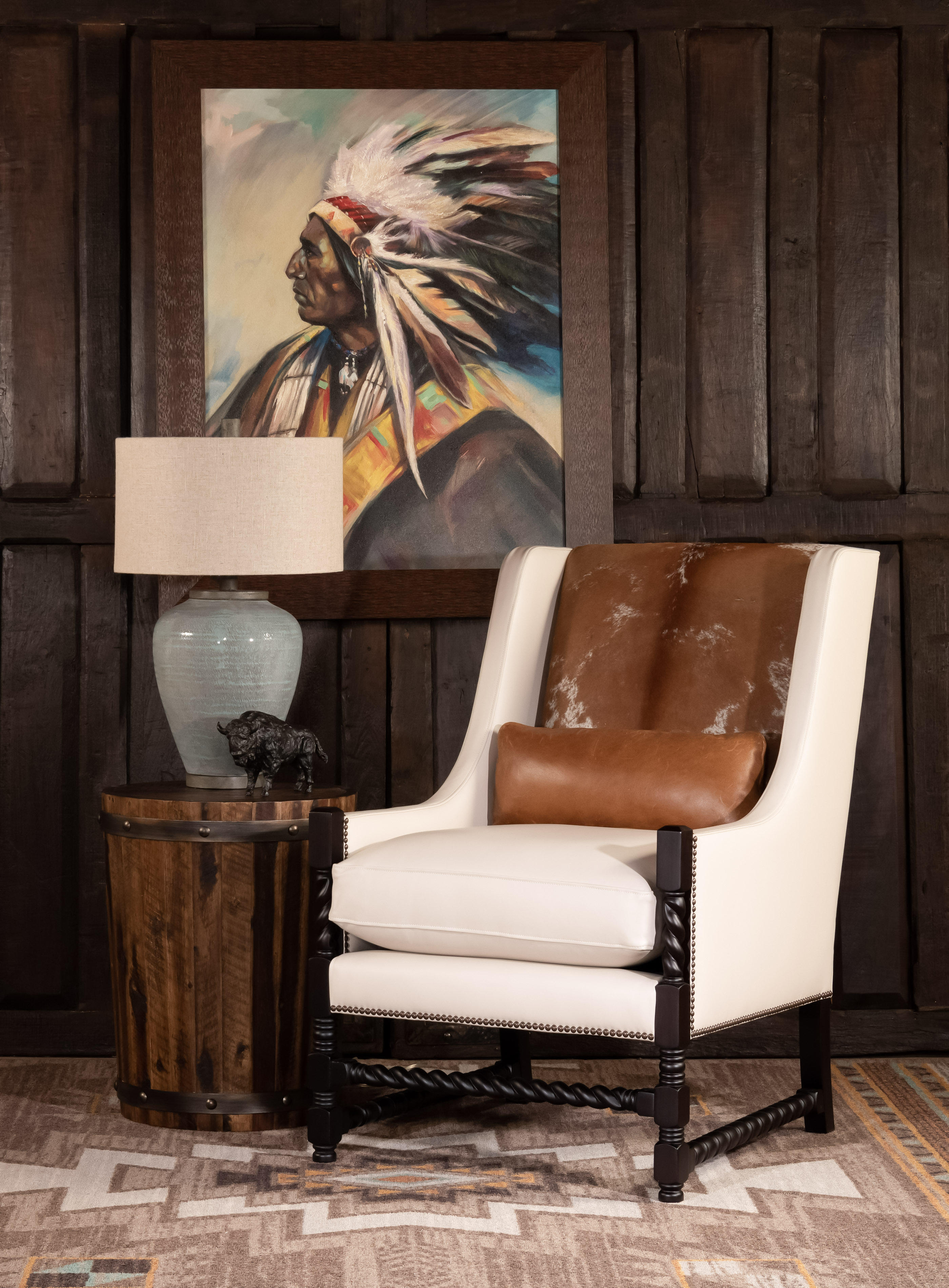 The Bandera Leather Chair not only boasts in beauty, but in comfort as well. Made with 100% top grain leather and premium cowhide accents. Our Bandera Leather Chair is perfect to brighten up your living space, office, or bedroom. The neutral and light color tones of the Bandera Leather Chair allow you to easily contrast darker furniture and decor pieces. This fine leather chair is 100% American Made to the highest standards of quality!