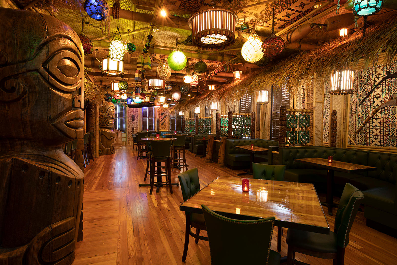 The Bamboo Room tiki bar is an immersive, exotic tropical hideaway nestled in the heart of Downtown Savannah. The design of The Bamboo Room features a collection of artifacts sourced from around the globe, personal collections, and hand-carved one of a kind items.