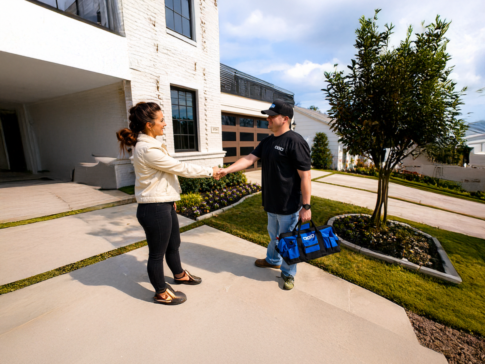 An OGD technician greets a homeowner at the start of a garage door service visit.