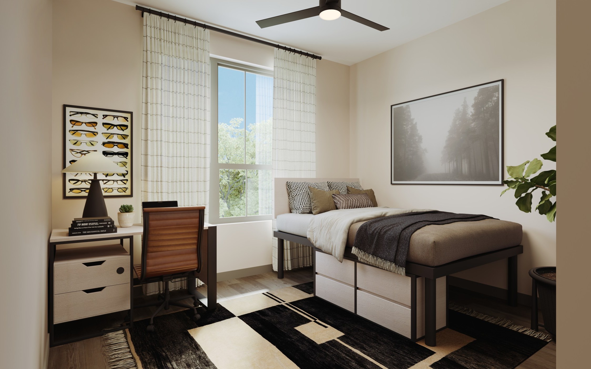 Fully furnished bedroom with overhead ceiling fan and desk.