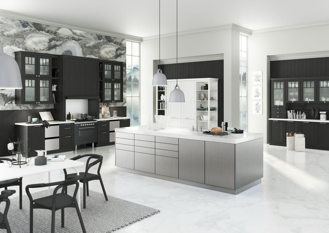 Bauformat Küche in hochglanz hellem Grau und Schwarz