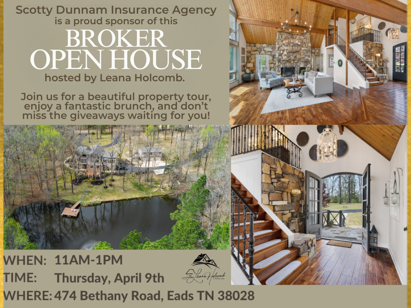 I’m excited to sponsor this Broker Open House hosted by Leana Holcomb! Don’t miss the chance to enjoy brunch, take part in giveaways, and tour this truly spectacular property.