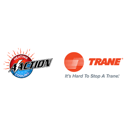 Logo for AA Action Heating and Cooling. Red and blue circle with lightning bolt and sun rays, text: Heating, Cooling, Action.