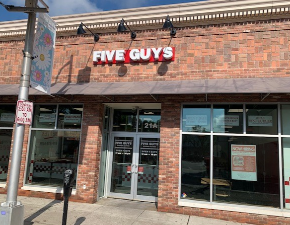 Entrance to the Five Guys at 21 East Broad Street in Westfield, New Jersey.
