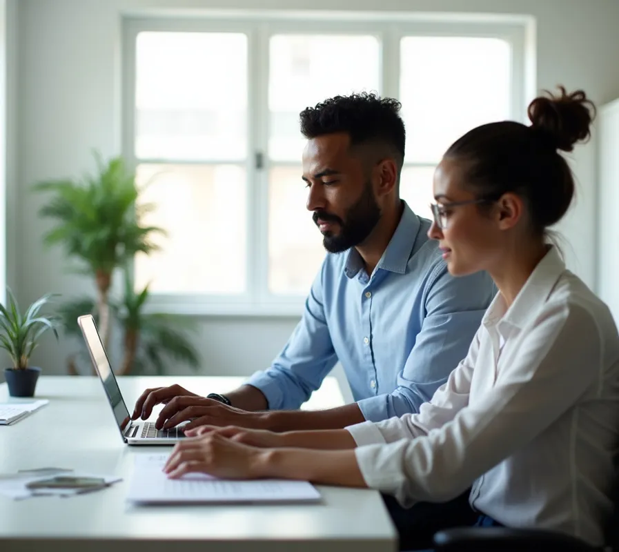 Two colleagues, a man and a woman, work together on a laptop in a bright office setting. The man, with a beard and dark curly hair, wears a blue button-down shirt and types on the laptop. The woman, with her hair in a bun and wearing glasses, is in a white shirt and looks at the screen. They are seated at a desk with papers and plants in the background, illuminated by natural light from a window.