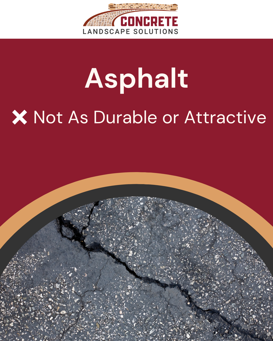 Asphalt comparison graphic showing cracked asphalt and explaining why it may be less durable or attractive than concrete.