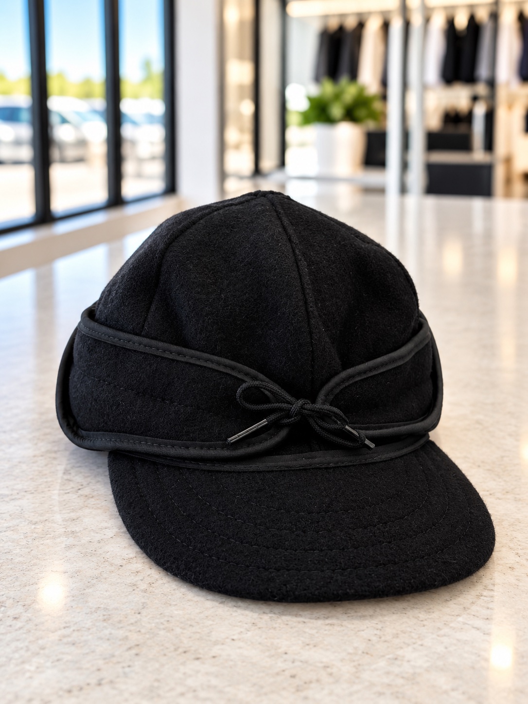 A close-up view of a freshly cleaned black winter cap with ear flaps resting on a counter, highlighting meticulous specialty headwear care at Plaza Cleaners.