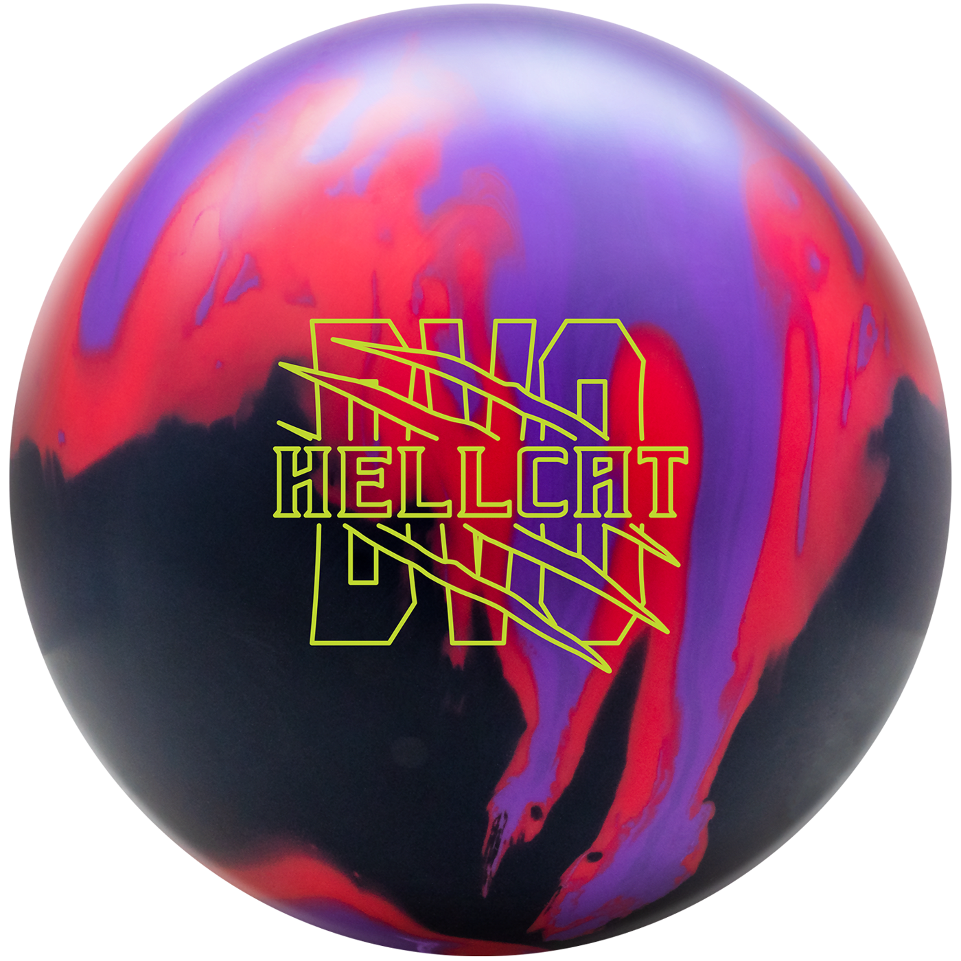 A detailed close-up shot of a bowling ball with a vibrant, marbled design featuring swirls of purple, red, and black. The ball has neon green text that reads "HELLCAT" with a stylized graphic of claw marks superimposed over the text, suggesting an aggressive and powerful performance.