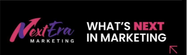 A rectangular marketing banner with a black background. On the left side is the NextEra Marketing logo, showing the pink and purple stylized "N" arrow icon above the word "MARKETING" in white block letters. To the right, the phrase "WHAT'S NEXT IN MARKETING" is displayed in all-caps, with "WHAT'S", "IN", and "MARKETING" in white, and the word "NEXT" highlighted in bright pink. A small, subtle pink arrow icon points toward the upper-left corner from the bottom right.
