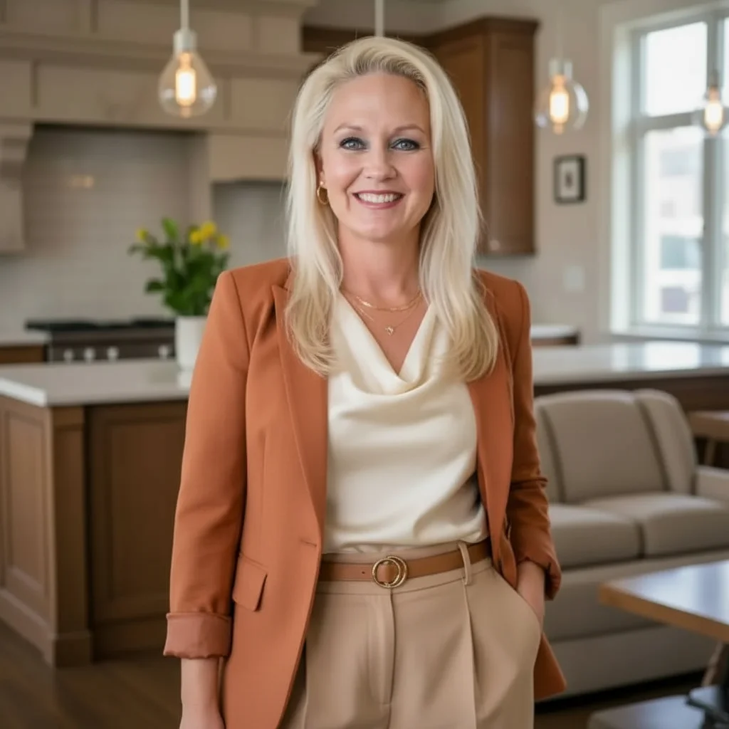 A professional portrait of a blonde woman with blue eyes smiling directly at the camera. She is wearing an orange blazer, a cream cowl-neck blouse, and tan trousers with a belt. The background appears to be a modern, open-concept kitchen and living area with sleek cabinetry, pendant lights, and comfortable seating.