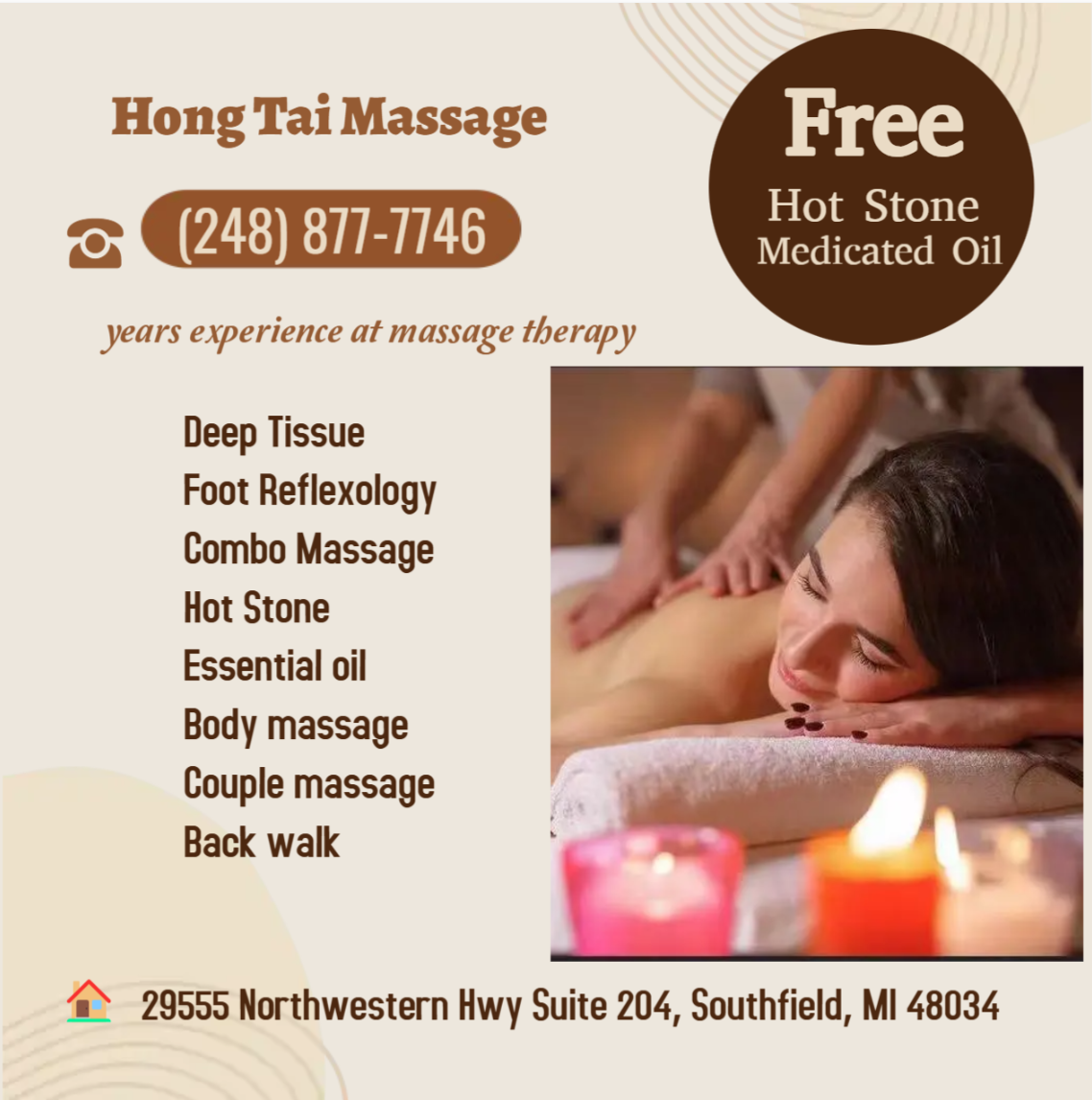 Whether it's stress, physical recovery, or a long day at work, Hong Tai Massage has helped
many clients relax in the comfort of our quiet & comfortable rooms with calming music.